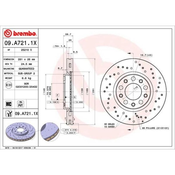 Brembo 2X Bremsscheibe Vorne Ø281 Mm Gelocht/Innenbel. FüR Fiat 500X 334_ 1.4-image