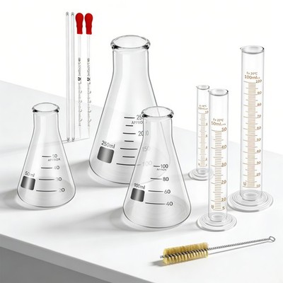 11Pcs Lab Flask Glass Measuring Glass Set: Flask& Cylinders with Stirring Rod