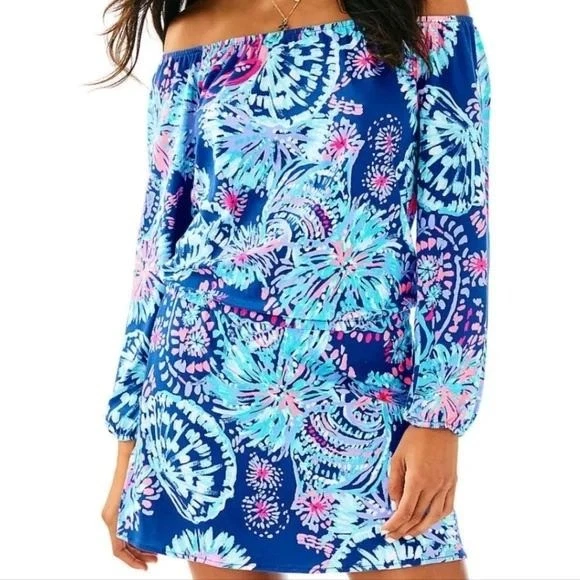 Lilly Pulitzer XL Lana Skort Romper Indigo "Gypsea Girl" Off Shoulder Dress - Image 2 of 4