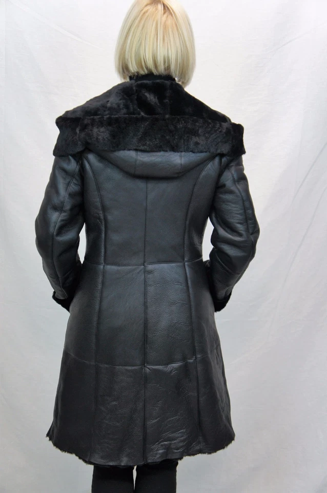 NUEVO Abrigo Largo Capucha Negro REAL 100% PIEL DE OVEJA GENUINA Cuero de Oveja XS - 6XL Foto 4 de 4