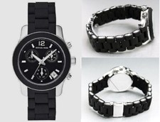 MICHAEL KORS SILVER TONE,BLACK SILICONE WRAPPED BAND.CHRONOGRAPH WATCH-MK5442