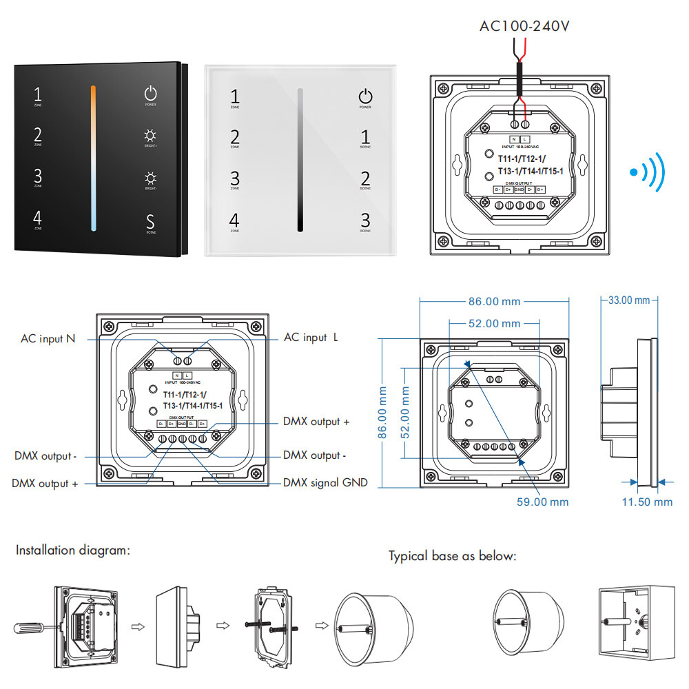 Wt1 Led Controller WT1 LED Controller 12-24V 4Zone Wall Touch Panel Dimmer Wireless Wifi ...