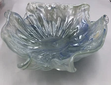 Italian Hand Blown Art Glass Blue Green Iridescent Swirl Handkerchief Bowl Dish