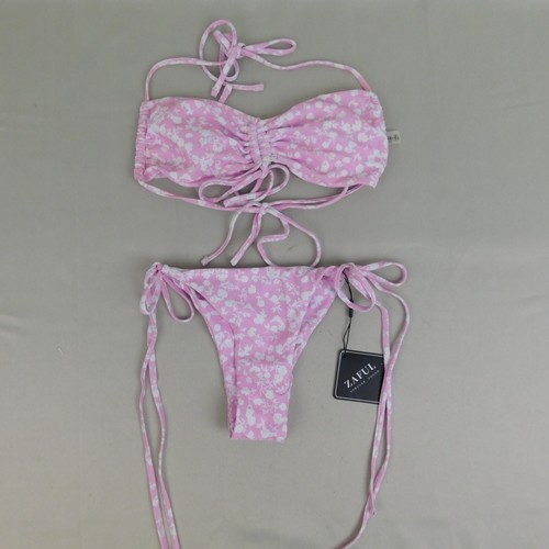 ZAFUL Floral Cinched Tie String Bandeau Bikini Swimsuit Pink - 6, Medium #2996