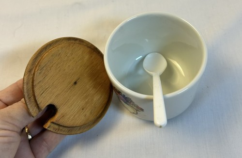Vintage Keramik Marmeladenglas mit Löffel & bemaltem Holzdeckel 3" Country Chic Bauernhaus - Bild 4 von 5