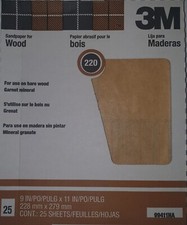 3M 99411NA 220 Garnet Sandpaper for Wood 9" X 11" Qty 25