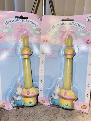 Hermitage Pottery Easter Candles Ceramic Bunny Rabbit Reading Book Vintage X2