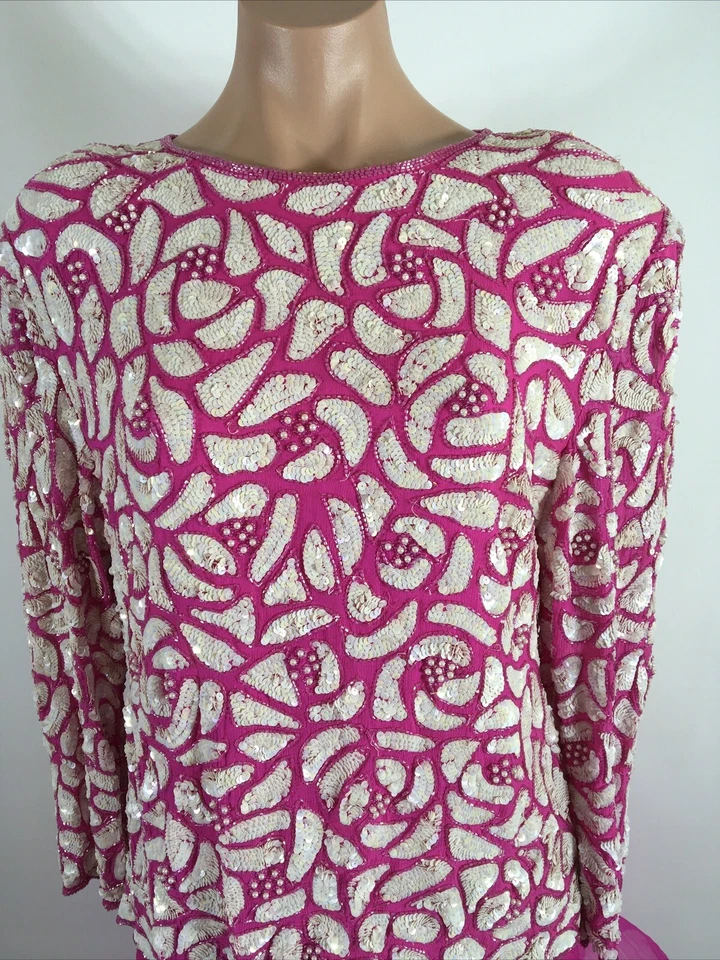 Vestido de Noche Barbie Pinky Creations Rosa Caliente Blanco Lentejuelas Pesadas Cuentas De Colección Foto 4 de 4