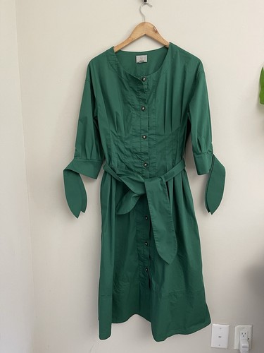 Grey Jason Wu dress Sz 8 Tie Sleeve Midi Shirt Emerald Green Button Up Stretch