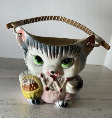 Vintage 1950'S ROYAL SEALY Miss Kitty Cat Jar Biscuit Cookie Jar w/ Handle Japan