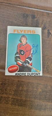 1975-76 TOPPS SIGNED CARD ANDRE MOOSE DUPONT FLYERS RANGERS BLUES NORDIQUES # 56