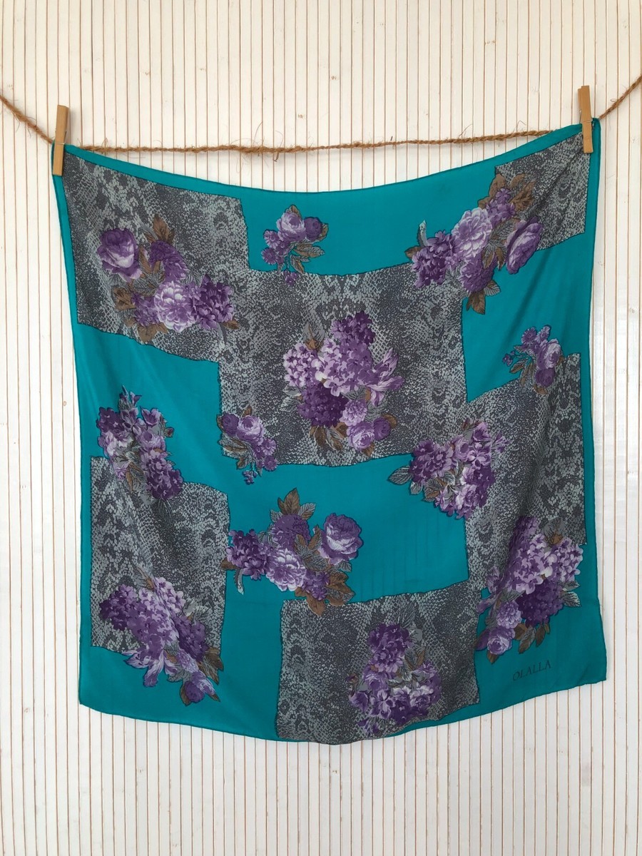 Foulard Carré De Soie Vintage Olalla 90cm - Motif Floral Beige Rose, Occasion Très Bon état