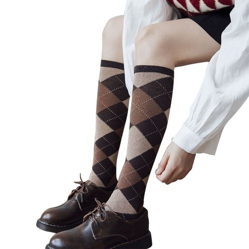 Women Knee High Socks College Vintage Multicolor Argyle Plaid Print Stockings - Picture 27 of 28