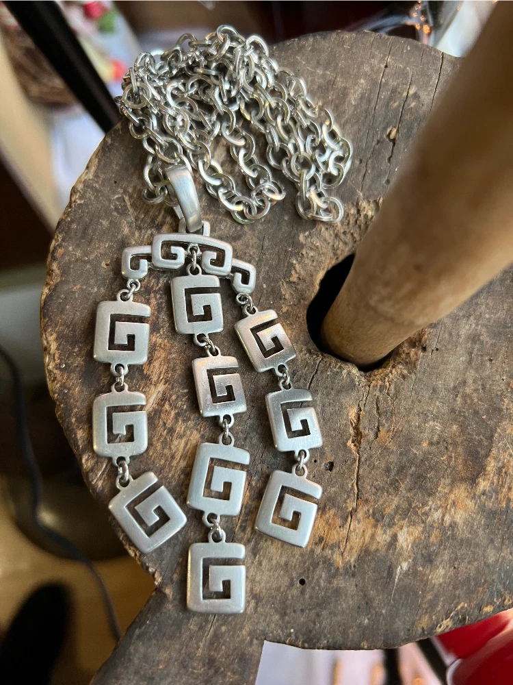 Vintage Crown Trifari Modernist 1960 1970 s Greek Key Silver Necklace Statement