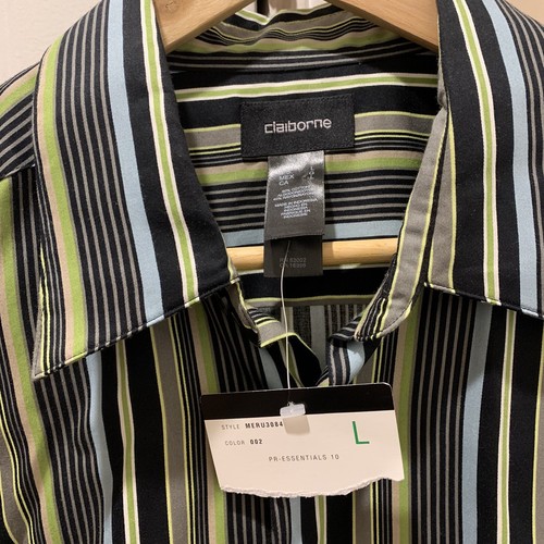 NWT Claiborne Men's Button-up LS Shirt, size L, green/gray/black stripe - Picture 4 of 7