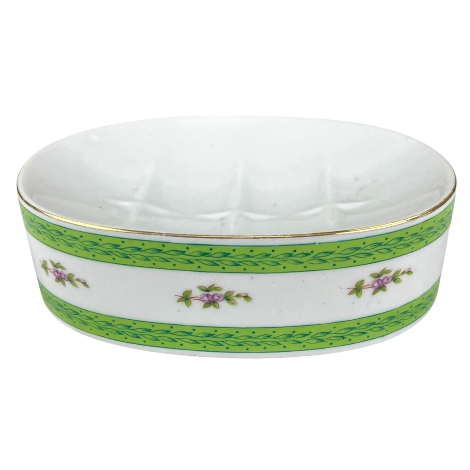 Soporte de jabón pintado a mano Lefton China 5" X 4" X 1 3/4" floral verde y dorado Foto 3 de 4