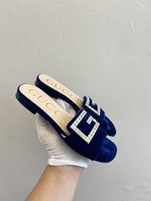 Gucci Madelyn Blue Velvet Crystal-G Flat Mules Princetown 37 EU 7 US GM27