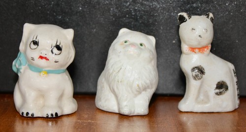 3 Vintage Cat Miniature Figurine bone china, pottery, one old cat
