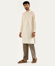 Men's Beige Cotton Kurta Long Sleeve Casual Ethnic Traditional Tunic Shirt India