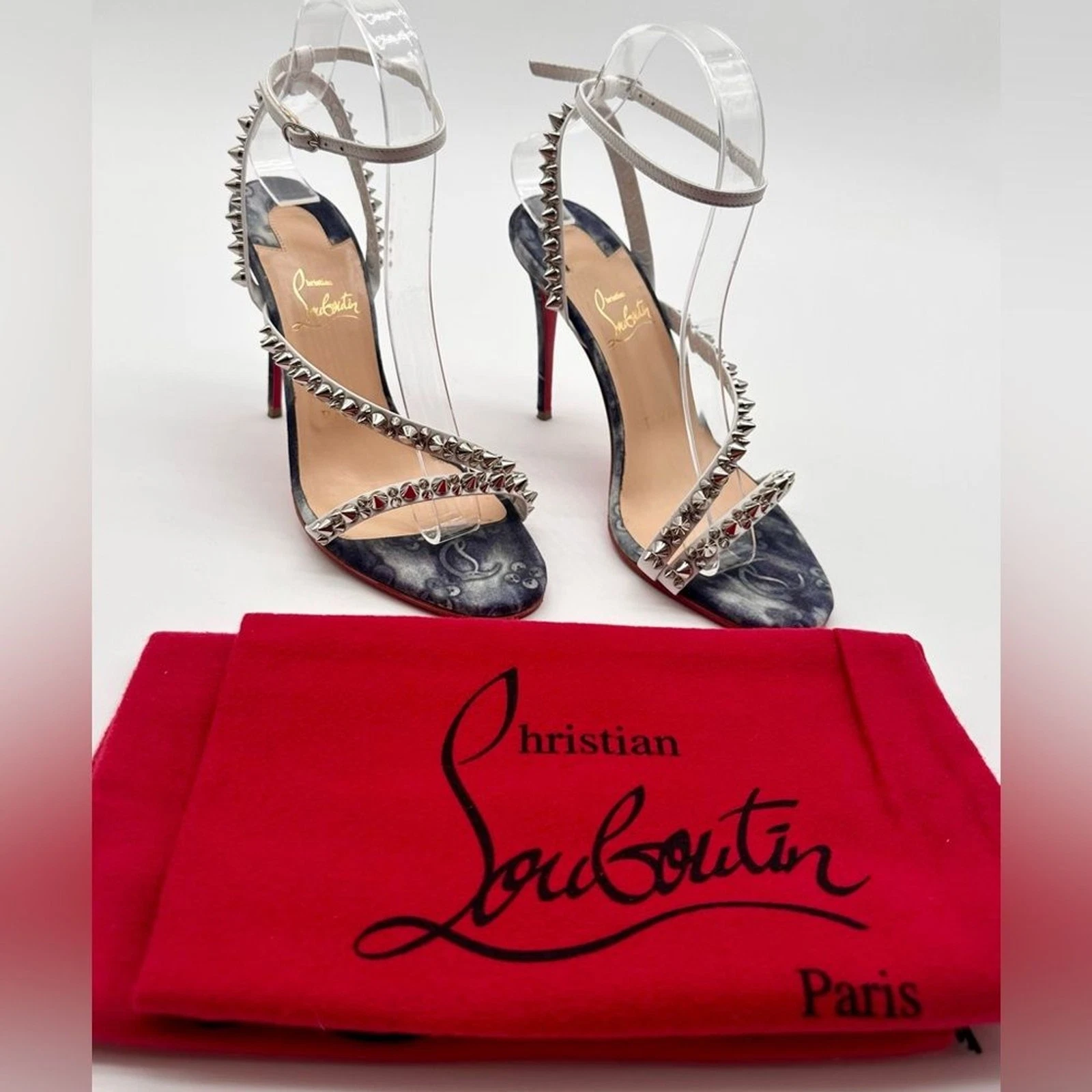 Christian Louboutin — Christian Louboutin Mafaldina Spikes Denim & Leather 100 Heels Sandals EU 37 US7