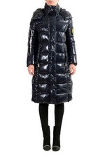 Plein Sport Women's Navy Blue Hooded Logo Print Long Parka Jacket US S IT 40