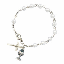 First Communion Rosary Bracelet with Artificial Pearl Beads and Dangles