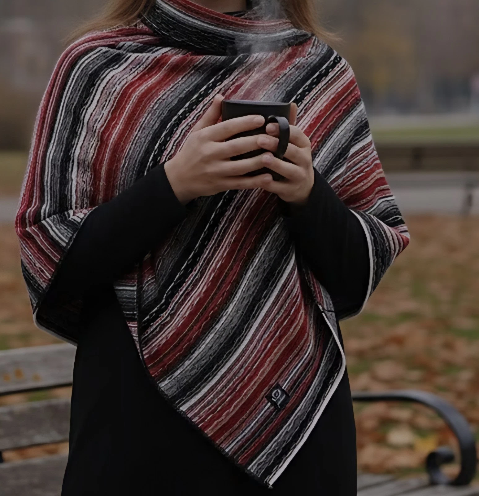 Red Black Striped Knit Turtle Neck Poncho Boho Retro New With Tags