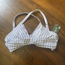 NWT  Blooming Jelly sz S White Blue Stripes Bikini Top r Cross Front Back Tie