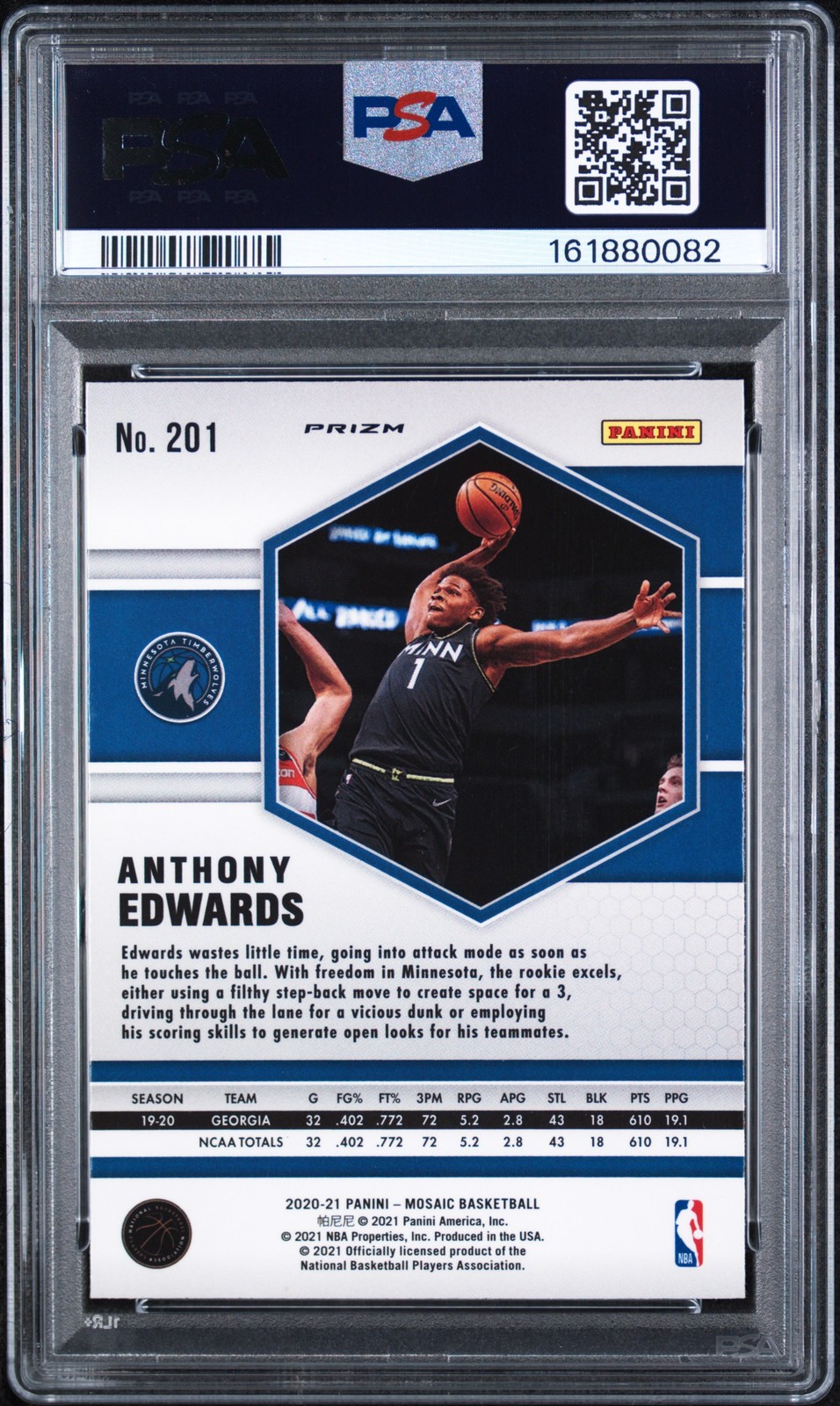 2020 PANINI MOSAIC FAST BREAK-SILVER #201 ANTHONY EDWARDS ROOKIE RC PSA 8 view 2