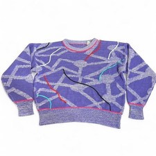 Vintage Purple Geometric Knit Sweater, Abstract Retro Squiggle Pattern, Size S