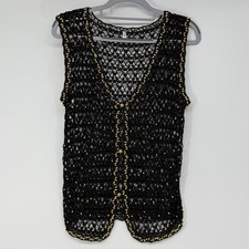 Vintage Korea Black Crochet Gold Beaded Open Knit Boho Festival Vest