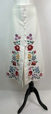 Vintage 70s White A-Line Midi Skirt Floral Embroidered Front Slit 31"W M/L