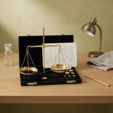 Goldwaage aus Messing, glänzend, mit Gewichten im Koffer, H.16 cm