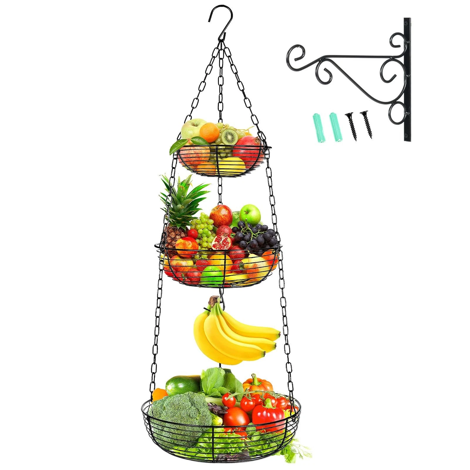 3 Tier Hanging Fruit Basket Black Iron 36 Inch Kitchen Organizer