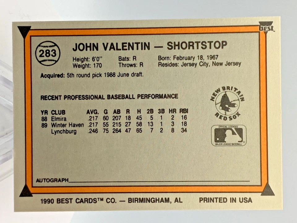 1990 Best Cards John Valentin #283 Minor League - Image 2 of 2