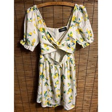 Cider Lemon Print Cutout Mini Dress White Yellow Fruit Twist Front XS