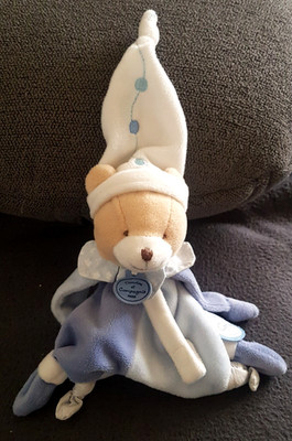 Doudou et Compagnie Schmusetuch  BÄR mit Zipfelmütze+Schnullerband    blau NEU