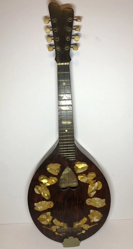 VTG 1930s Pearl Inlay Mandolin Instrument Brown Wood Owls Butterflies Flowers