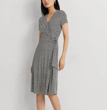 Lauren Ralph Lauren Houndstooth Jersey Surplice Wrap Dress 6 Office Black V Neck