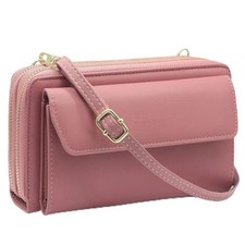 Women Leather Wallet Crossbody Shoulder Bag with Double Zipper 109-dark Pink