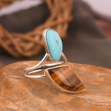 Tiger Eye And Turquoise 925 Silver Adjustable Women Ring Handmade Fancy Jewelry