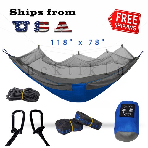 Double Outdoor Parachute Nylon Hammock with Mosquito Net Blue Gray - X-Large - Picture 1 of 6