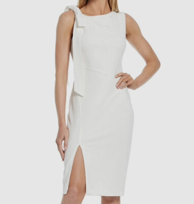 calvin klein asymmetrical sheath dress Women's Sleeveless Bow-Shoulder Scuba Crepe Dress, Cream, Size 6 Asymmetrical neck xsmall Size:AU 4 Vintage 90s Soft Grunge Womens dresses