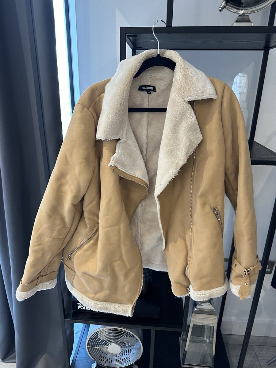Missguided Faux Shearling Tan Aviator Jacket With Cream Lining