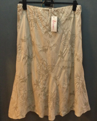New Mia Moda Size 18 All Over Embroidered Linen Skirt Elastic Waist