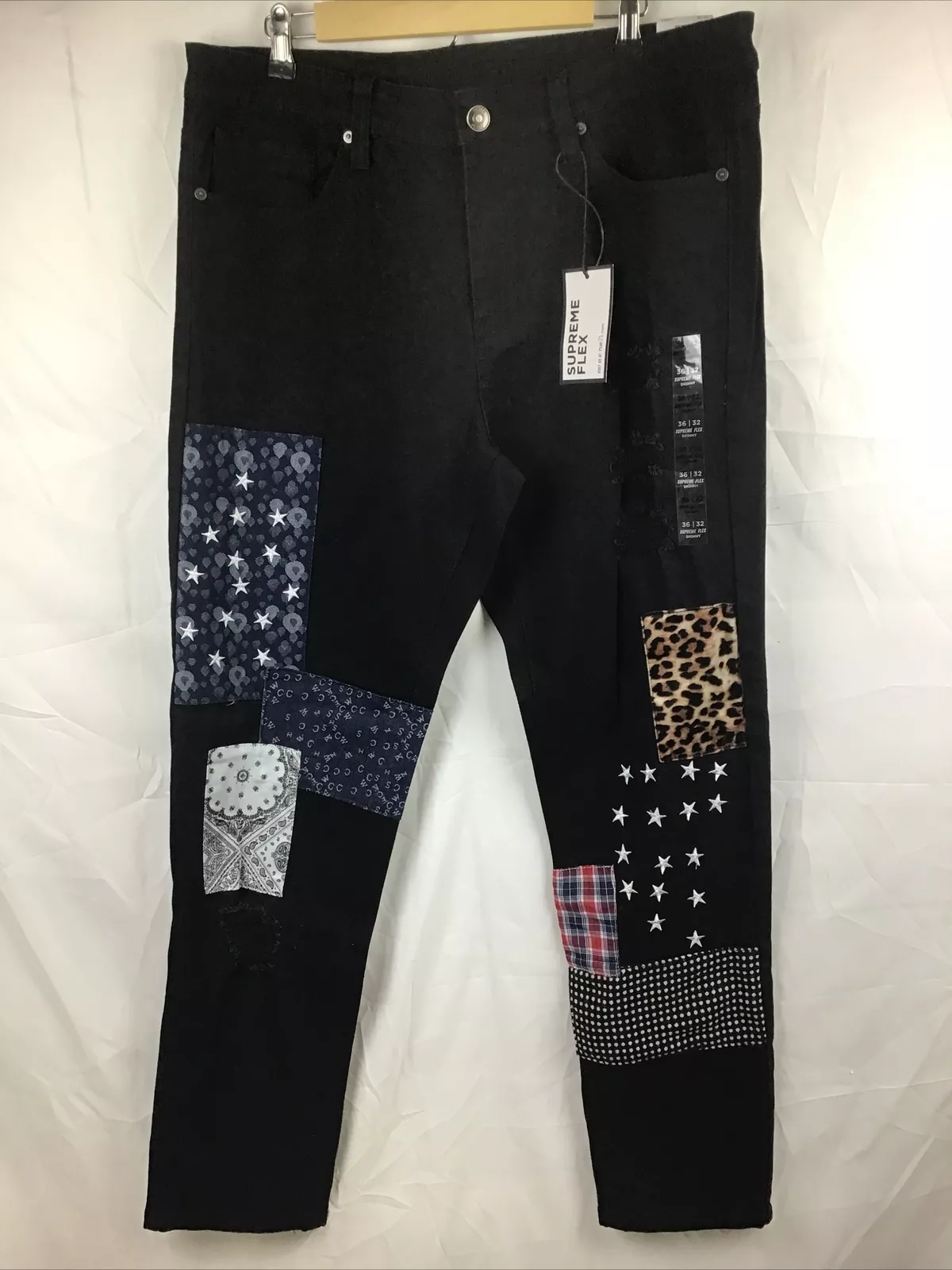 Jean homme Rue 21 Supreme Flex skinny noir vieilli avec patchs 36”x32” neuf avec étiquette