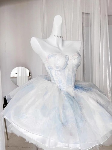 Women Evening Dress Set Smocked Shawl Lace Up Ruffled Puffy Underskirt Lolita - Picture 13 of 15