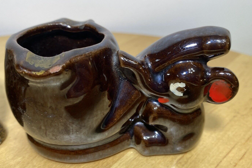 2 Vintage ELEPHANT BROWN LUSTER PIPE ASHTRAY POTTERY STONE PLANTER - Picture 3 of 10