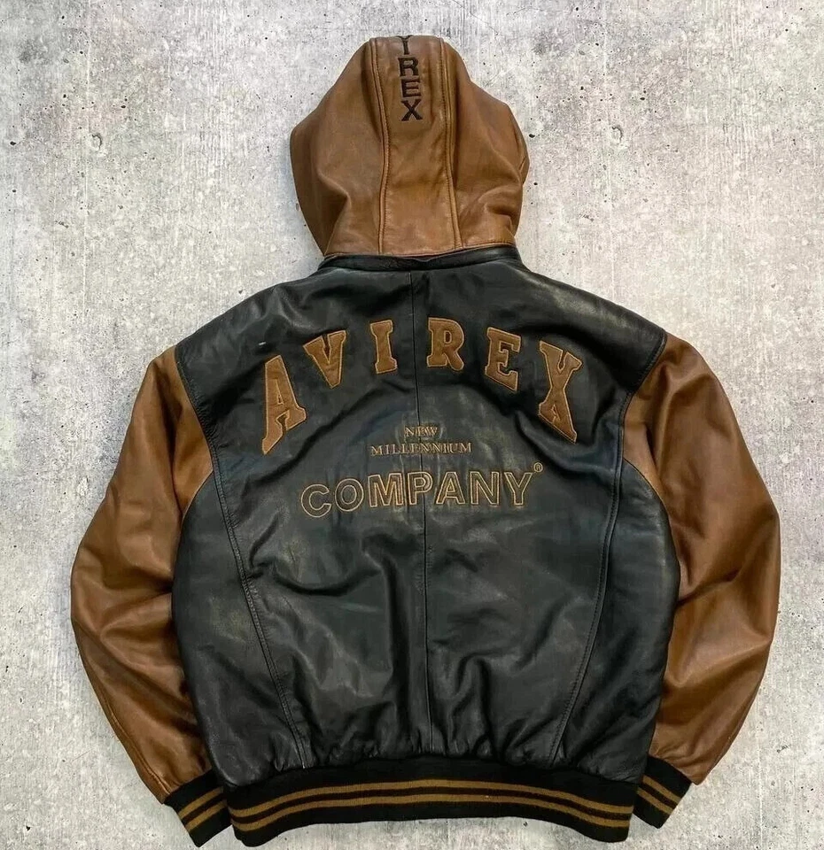 NUEVA Chaqueta de Cuero Para Hombre Avirex Negra y Marrón con Capucha Genuina Estilo Suelta Nueva con Etiquetas