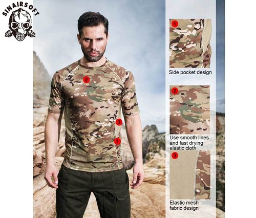 Airsoft Mens Tactical Short Sleeve T-Shirt Military Quick Dry Army Camo Shirts - Picture 10 of 17